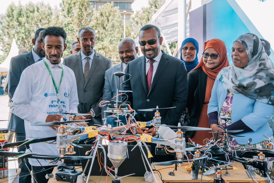 Ethiopian Prime Minister H.E. Dr. Abiy Ahmed inspects innovations being showcased at the 3rd National Skills Competition.