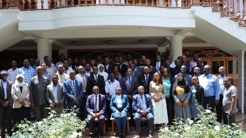 he Principal Secretary, State Department of Vocational and Technical Training, Ministry of Education, Kenya, Dr. Esther Thaara Muoria (Seated Centre) with Participants during the sensitisation workshop in Ethiopia.